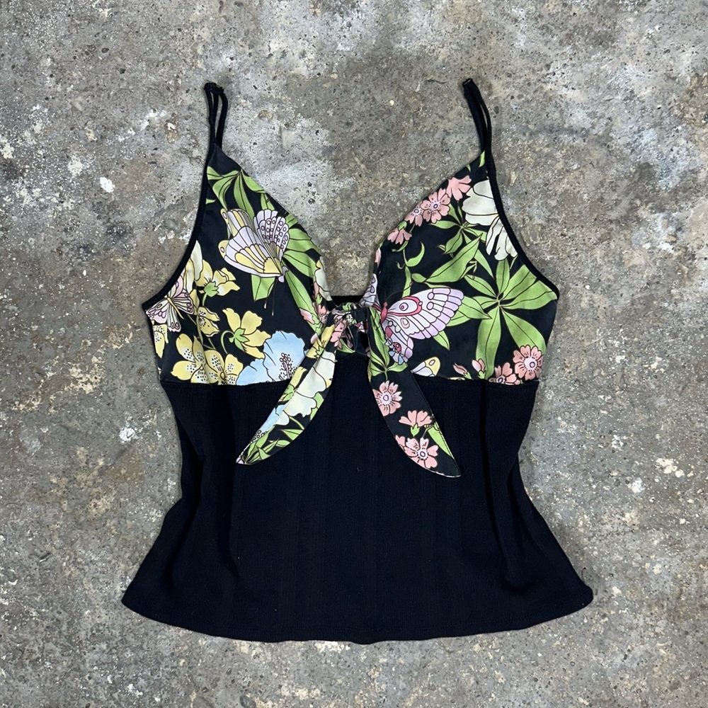 Butterfly Floral Tie Front Black Top